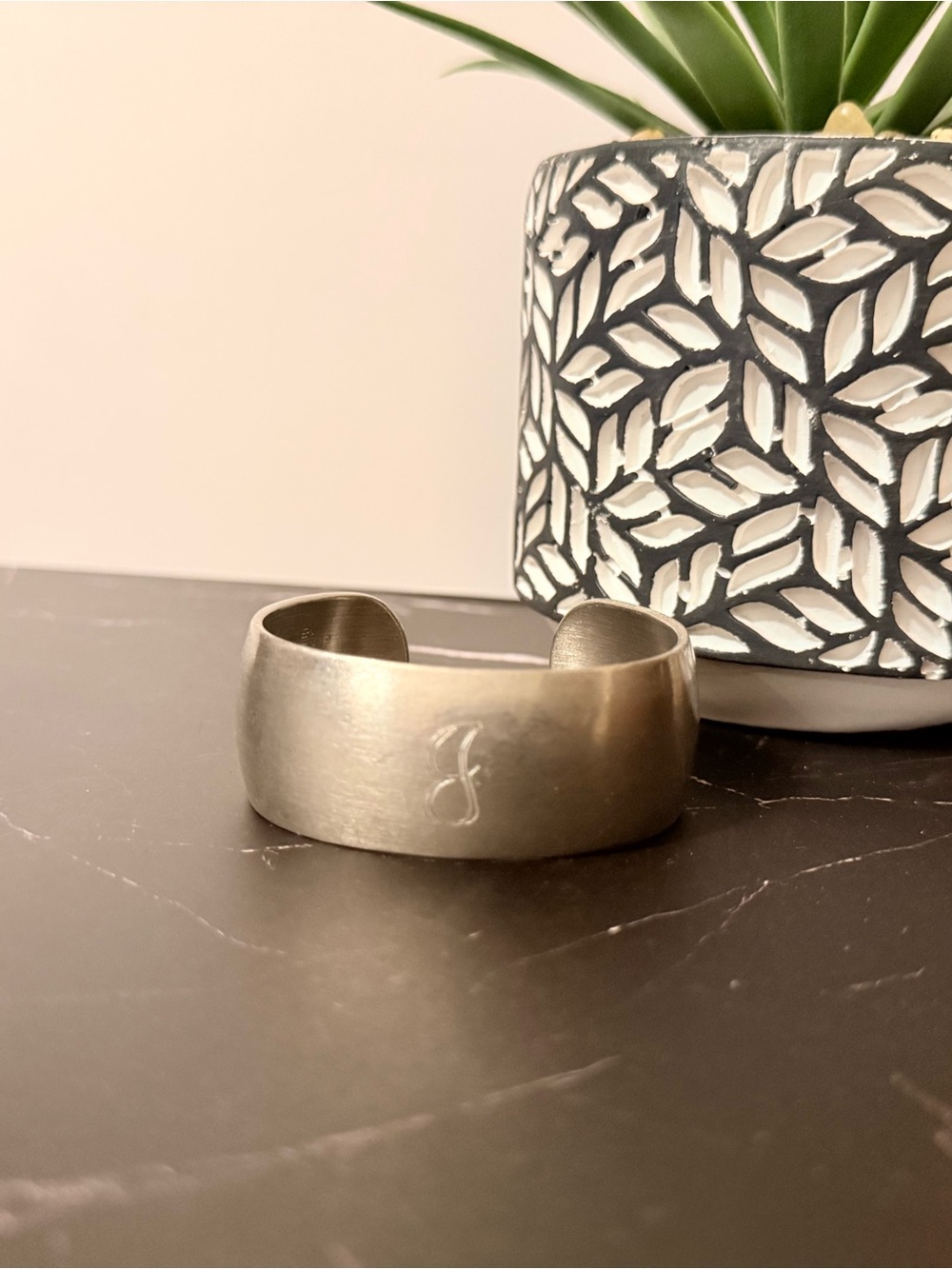 Leonard Bolivia Pewter Cuff Bracelet Brushed Silver Minimalist Monogram J